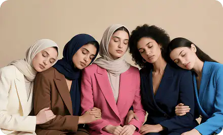 Five women in headscarves and blazers leaning on one another with eyes closed