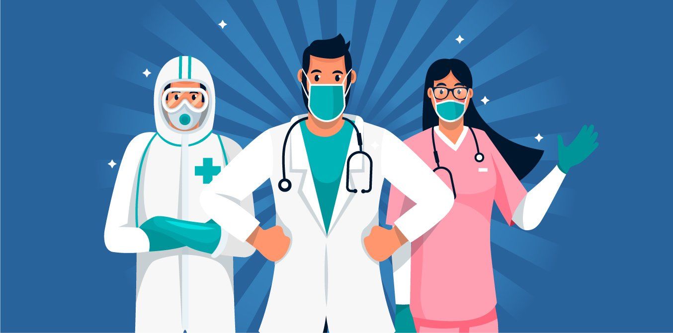 Illustration of three healthcare workers in PPE and masks