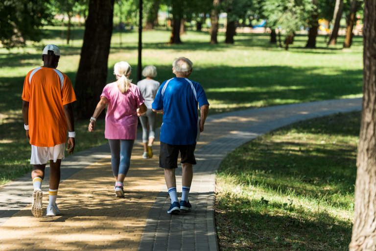 Older adults walking together on a tree-lined path in a Sacramento park