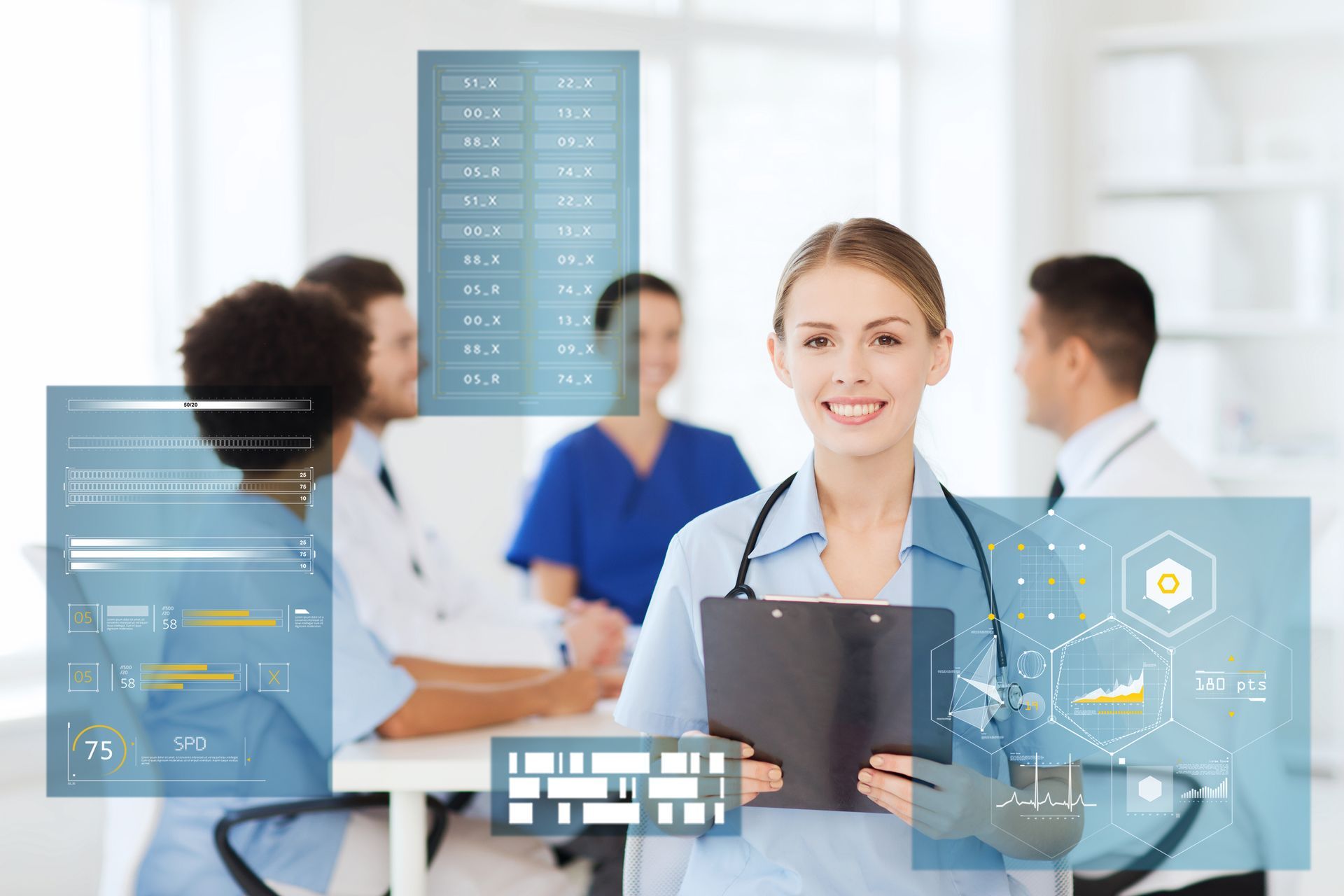 A smiling clinician holds a clipboard in front of a care team meeting, with healthcare data graphics overlaid