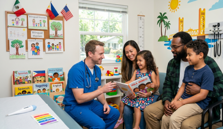 A bilingual family with young children at a HALO pediatric clinic in Sacramento